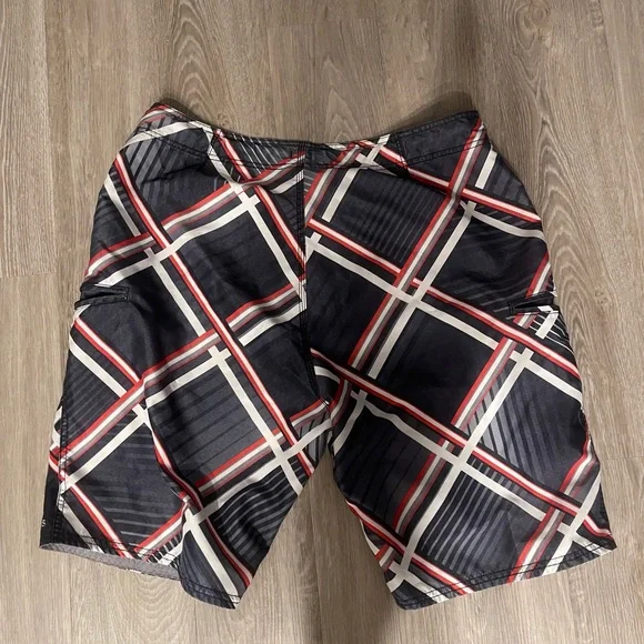 Adidas Men's Swim Shorts - Black and Red Checkered - Picture 2 of 3